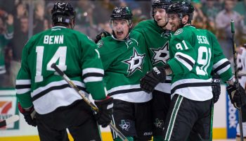 Oct 27, 2015; Dallas, TX, USA; Dallas Stars left wing Patrick Sharp (10) and defenseman John Klingberg (3) and center Tyler Seguin (91) and left wing Jamie Benn (14) celebrate during the game against the Anaheim Ducks at the American Airlines Center. The Stars defeat the Ducks 4-3. Mandatory Credit: Jerome Miron-USA TODAY Sports