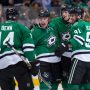 Oct 27, 2015; Dallas, TX, USA; Dallas Stars left wing Patrick Sharp (10) and defenseman John Klingberg (3) and center Tyler Seguin (91) and left wing Jamie Benn (14) celebrate during the game against the Anaheim Ducks at the American Airlines Center. The Stars defeat the Ducks 4-3. Mandatory Credit: Jerome Miron-USA TODAY Sports