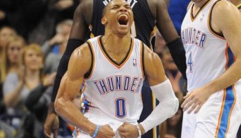 Oklahoma City Thunder point guard Russell Westbrook (0) reacts after making a basket and drawing a foul against the Indiana Pacers during the third quarter at Chesapeake Energy Arena. Mandatory Credit: Mark D. Smith-USA TODAY Sports